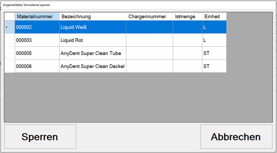 Angemeldetes Vormaterial sperren Angemeldetes Vormaterial sperren
